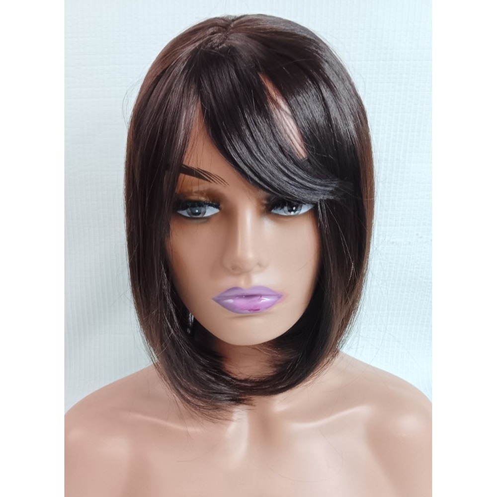 Women's breathable Cap synthetic Fiber Straight Dark Shiny Brown Bang hair‎ wig